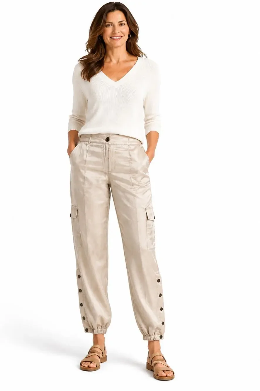 Chico’s Size 2 L 12/14 Silk Cotton Cargo Pants Gold Utility Snap Hem Shiny